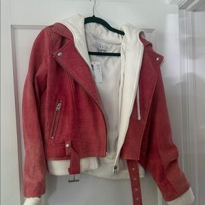 IRO Pink Suede Moto Jacket with Removable Cream Hoodie